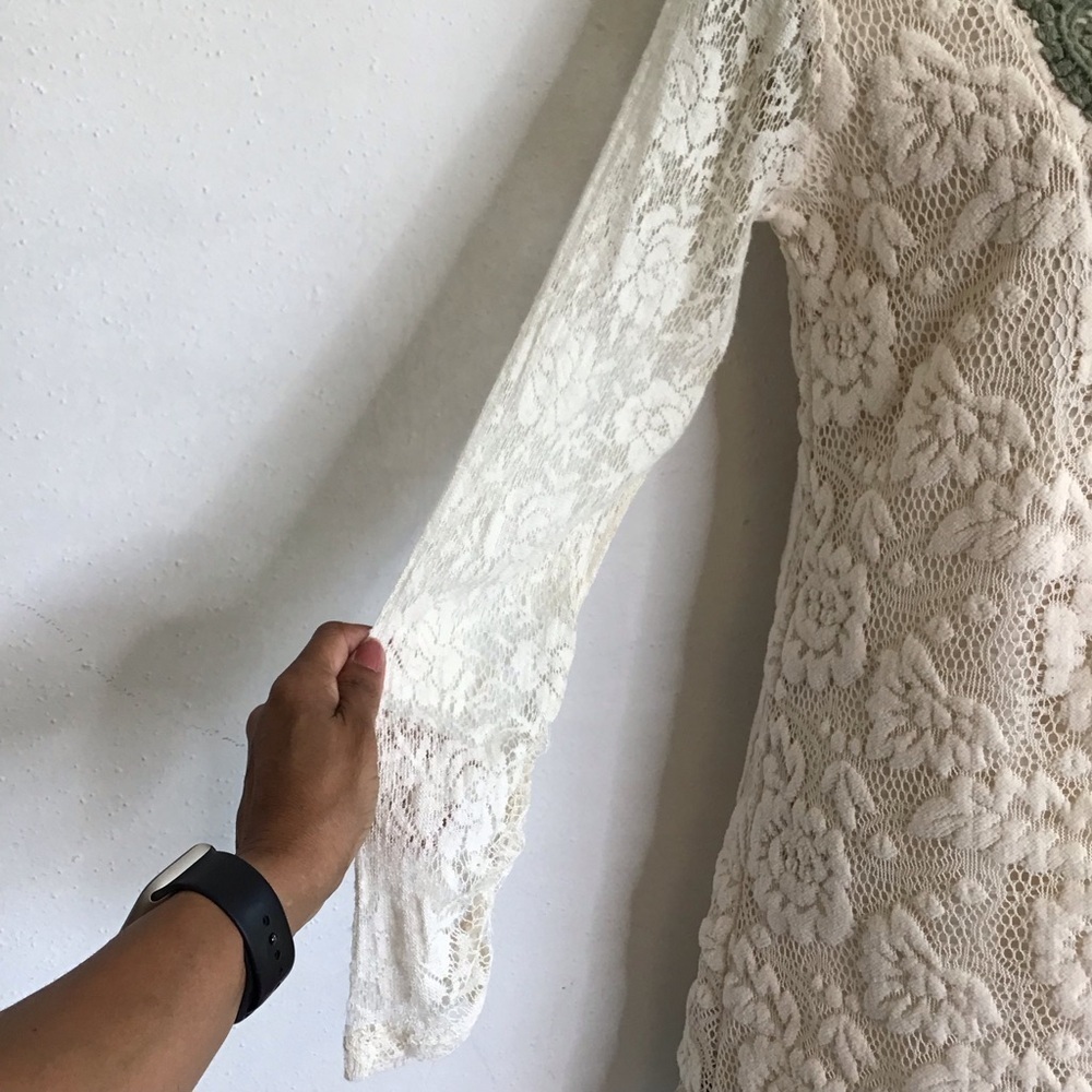A'Reve Women Chic Sheer Cream Dolly/Olive Lace Detail Brown Ruffle Tier Dress M - Picture 3 of 11